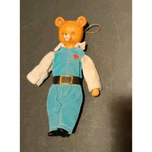 Vintage Porcelain Bear Stuffed Body Blue Pants 6.5” Ornament Heart - Picture 1 of 7